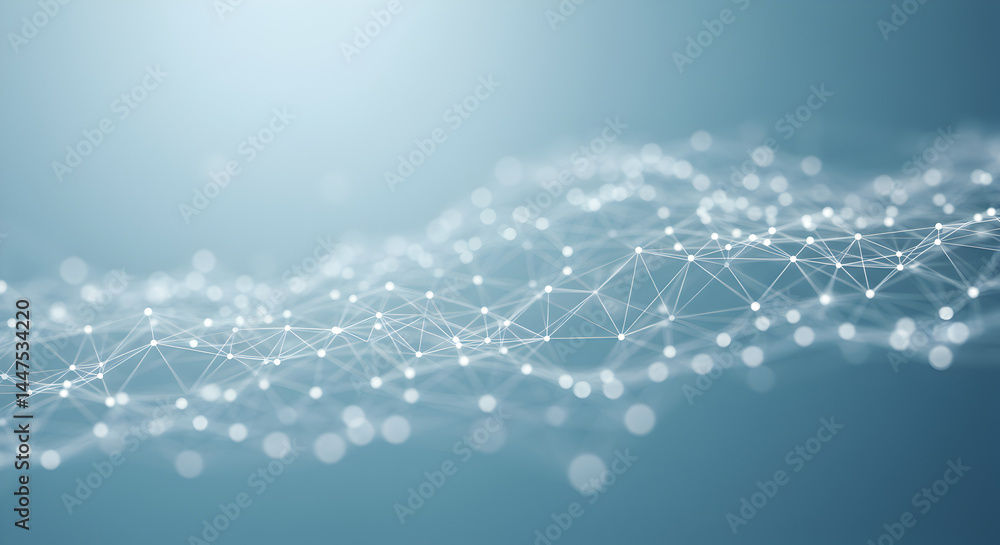 Poster white network of interconnected nodes on light blue gradient background