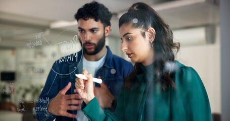 Woman, writing and planning by glass for team project strategy, profit margin or budget for marketing. People, collaboration and mindmap with information, our vision and research for sales projection