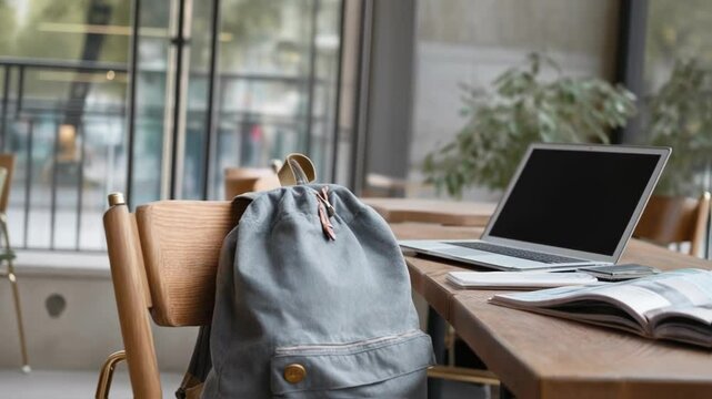 A backpack leaning against a chair at a caf&Atilde;&fnof;&Acirc;&copy; with a laptop and an open travel guide on the table as a person types away immersed in their work while planning their next adventure.