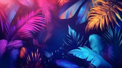 Fototapeta premium Neon tropical leaves in night jungle with copy space in center.