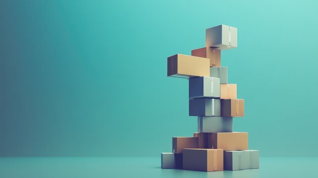 Tall stack of parcel boxes in assorted shapes forming a modern shipping scene