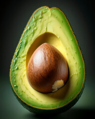 A halved avocado with creamy light green flesh and a visible pit in the center. The texture of the avocado should be smooth, with lighting emphasizing the freshness and creaminess of the fruit.