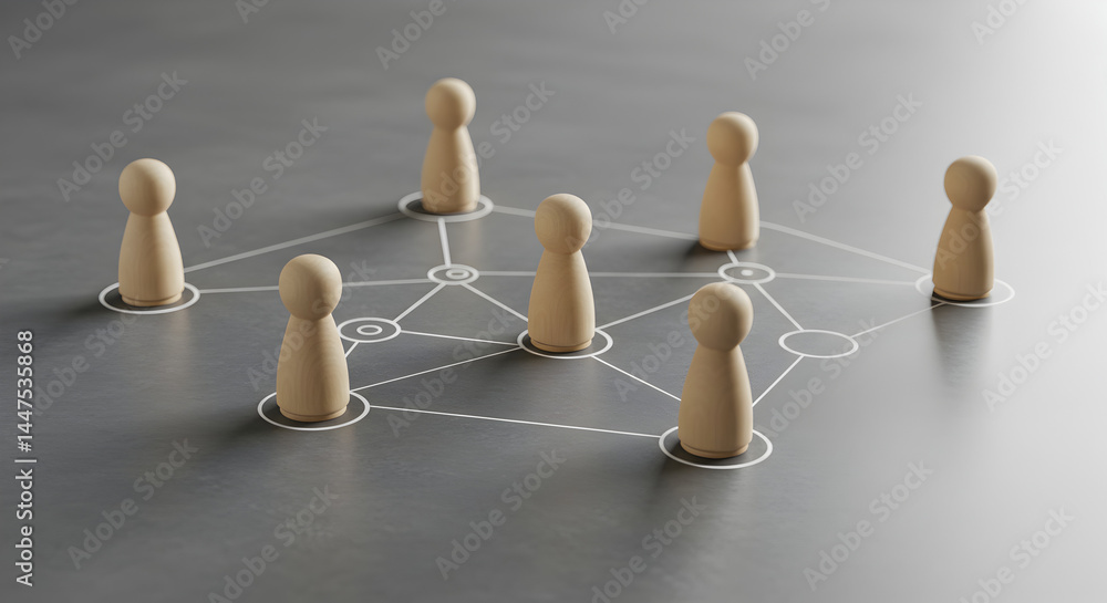 Poster wooden peg figures arranged in a social network diagram illustrating team connection communication a