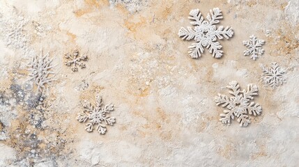 Warm beige surface sprinkled with vintage snowflake motifs in winter elegance