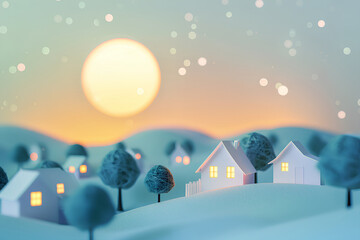 Obraz premium パステルカラーの美しい夜の山並みと家々と大きなお月様