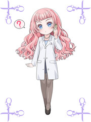 スマホで電話をかけるピンク髪のアニメ風女性薬剤師。アンティークなハサミのコーナー飾り罫つき