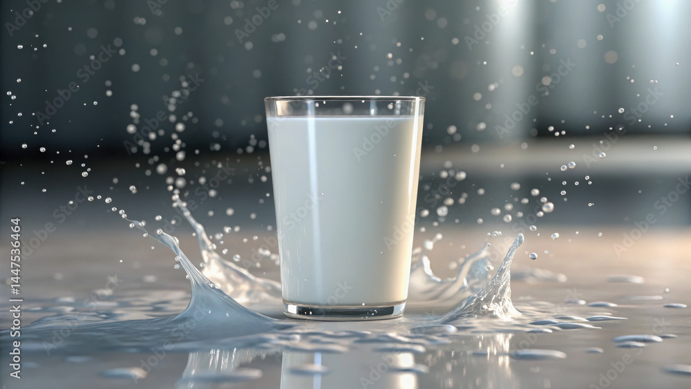 Poster clear glass filled with fresh milk splashes on reflective surface with droplets flying around, creat