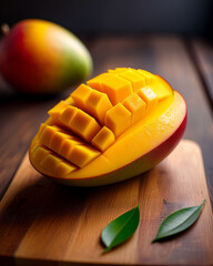 A halved mango with juicy flesh visible