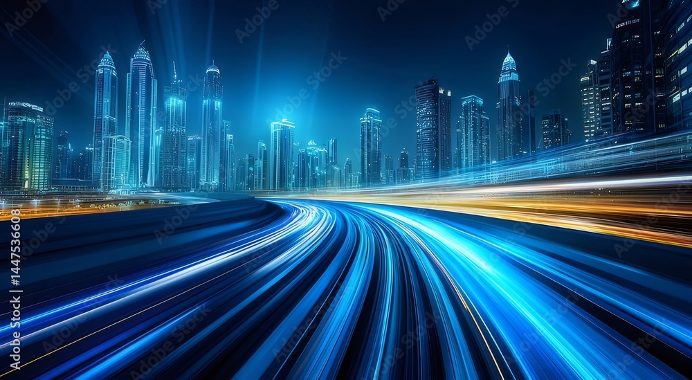 Aufkleber 青い光の高速道路と高層ビル群 未来都市の夜景を描いた抽象的なデジタルアート