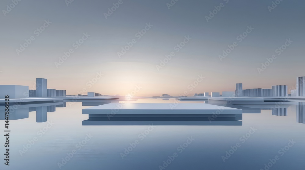 Poster 水面に浮かぶ未来都市のミニマルな3dレンダリング 夕焼け空と白い建築物の風景