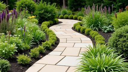 Gartenweg aus Stein – schlängelt sich durch Reihen bunter Stauden und Sträucher.

