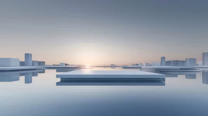 Fototapete 水面に浮かぶ未来都市のミニマルな3Dレンダリング 夕焼け空と白い建築物の風景 © xiongku