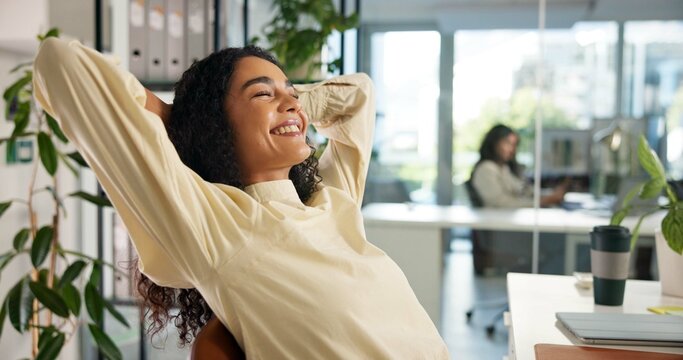 Business, woman and happy with stretching for done, finish job or deadline target at publishing company. Complete, satisfied female editor and efficient workflow solution with relief, pride and break