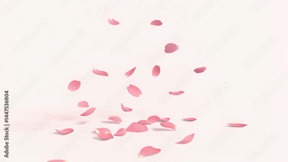 Poster pink rose petal falling in slow motion on white background with soft shadow and light, creating deli