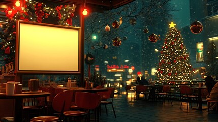 Obraz premium Snowy Christmas cafe, city street, festive lights, blank sign