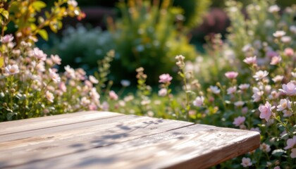 Fototapeta premium Wooden Surface with Floral Garden Background