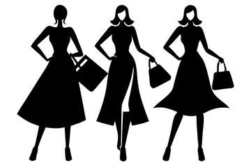 Silhouette illustration of three women standing holding shopping bags on white background, silhouette, women, standing, shopping, bags, retail, group, people, vector, illustration, commerce, sale