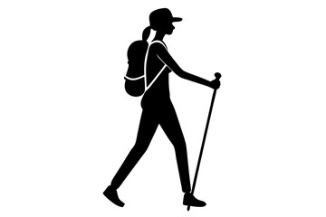 Fototapeta premium Black silhouette design on white woman hiking wearing a cap and long sleeved top, silhouette, woman, hiking, trekking, outdoors, adventure, nature, active, lifestyle, cap, hat, long sleeved, top