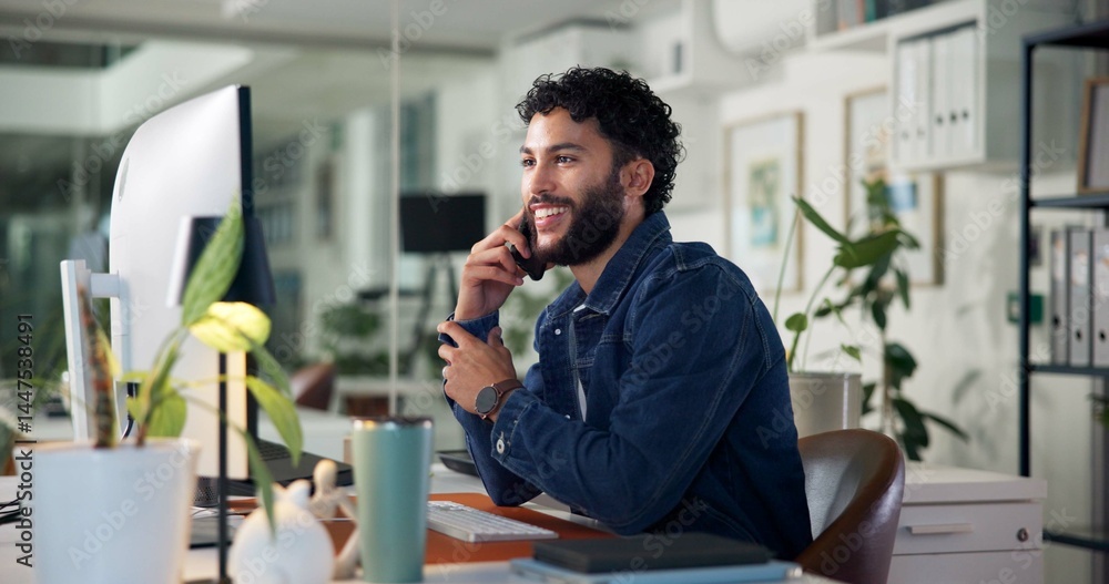 Poster office, businessman and computer with smile for phone call, communication and listen to news source.