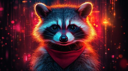 Raccoon portrait with a red scarf against digital glowing background, close up, animal face, pet, mammal, furry, detailed. on a transparent background, PNG image, PNG file.