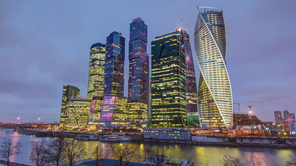 Skyscrapers International Business Center City day to night timelapse , Moscow, Russia