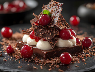 Deconstructed black forest gateau elements arranged on black slate
