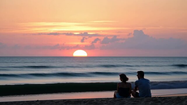 Romantic getaway at the beach watching sunset, Couple enjoying peaceful evening at sea