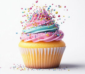 Colorful cupcake with vibrant frosting and sprinkles.  Sprinkles explode around the treat