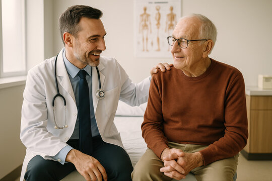 M&eacute;decin en consultation avec un patient &acirc;g&eacute; dans un cabinet m&eacute;dical
