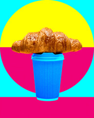 Golden croissant placed on blue takeaway coffee cup with bold pop art background of turquoise, yellow and magenta. Concept of food, pop art, poster, ads. Contemporary art collage.