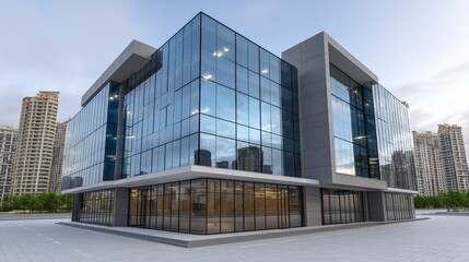 Sleek glass corporate building, modern architecture, city skyline backdrop Ideal for real estate, business, and architectural presentations - futuristic commercial steel