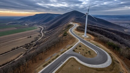 Majestic mountain sunrise, aerial view of a wind farm under development Sustainable power infrastructure - renewable alpine photography solar