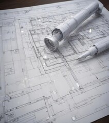 Blueprint photo effect mockup showcasing architectural design, drafting tools, and technical drawings ,  technical drawing,  background,  paper