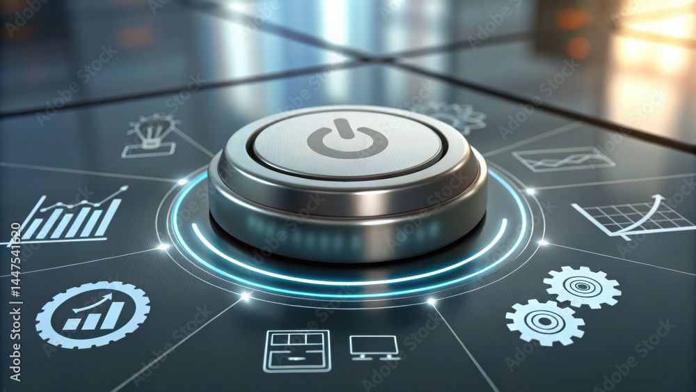 Poster futuristic power button on sleek metallic surface surrounded by glowing digital icons representing t