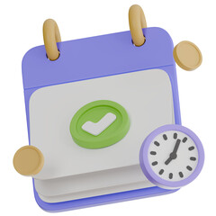 a calendar, gold coins and alarm clock icon isolated on white background , 3d rendering illustration