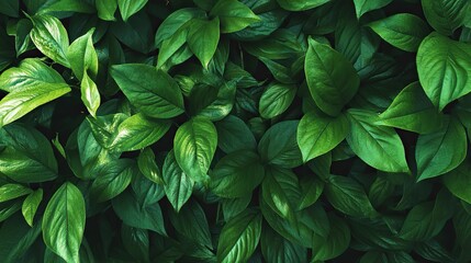 Close-up top view of green plants with numerous leaves on a green leaves background, featuring dark green background with lush foliage of grasses and ferns, showing intricate details of plant life.