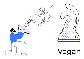 Man kneeling while blocking DDoS attacks with a shield, alongside a large chess knight piece and text Vegan. Ideal for cybersecurity, defense, strategy, personal choice, challenges, resilience, flat