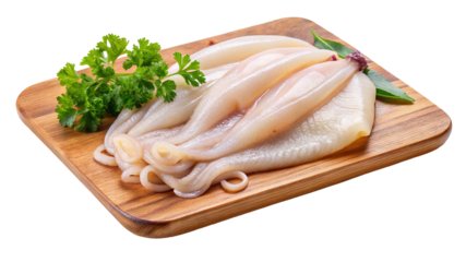 Raw squid tubes and parsley on a wooden board, ready for cooking