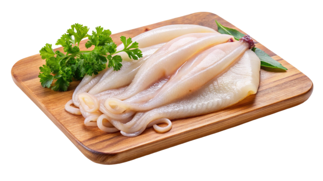 Raw squid tubes and parsley on a wooden board, ready for cooking
