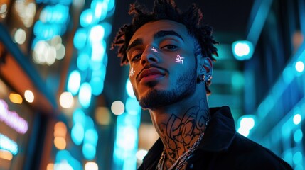 Young man with tattoos posing in vibrant city lights
