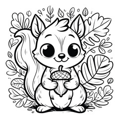 Cute Squirrel Holding Acorn Outline Illustration for Coloring Book