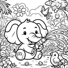 Cartoon Elephant Watering Flowers with a Hose Coloring Page