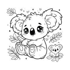 Cute Koala Illustration Sitting with Leaves in Black and White