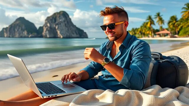 Man working remotely on a beach, embodying the digital nomad lifestyle, balancing work and travel with a laptop in a tropical paradise