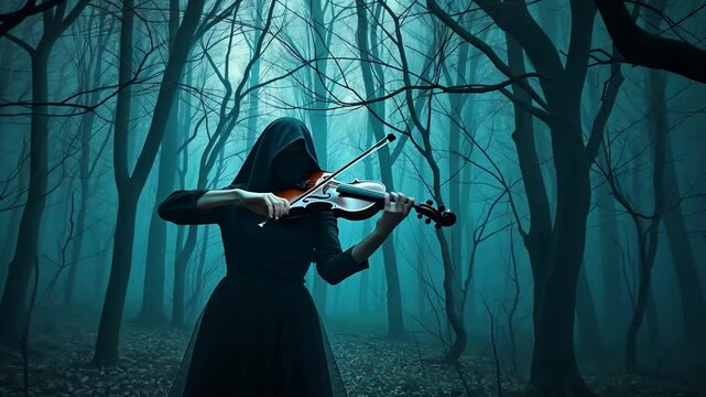 Enigmatic Violinist, Haunting Melodies in a Mysterious Forest, Gothic Performance