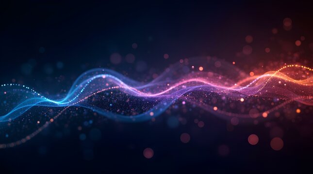  Dynamic futuristic background with abstract digital wave of glowing particles, neon dots with bokeh effect on dark background. 
