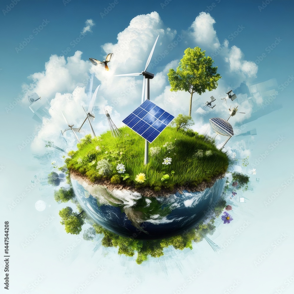 Aufkleber 地球と再生可能エネルギーのイラスト 青い空に浮かぶ地球に風力発電と太陽光パネル 緑豊かな自然と雲と鳥と蝶が周りを囲むイメージ