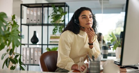 CRM, woman and customer service in office with computer, communication and online consulting....