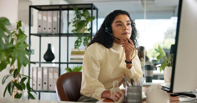 CRM, woman and customer service in office with computer, communication and online consulting. Typing, virtual chat or call center for contact support, help desk or sales agent for hotline business