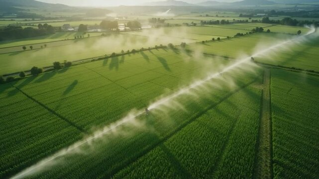 Aerial view of irrigated farmland showing irrigation system